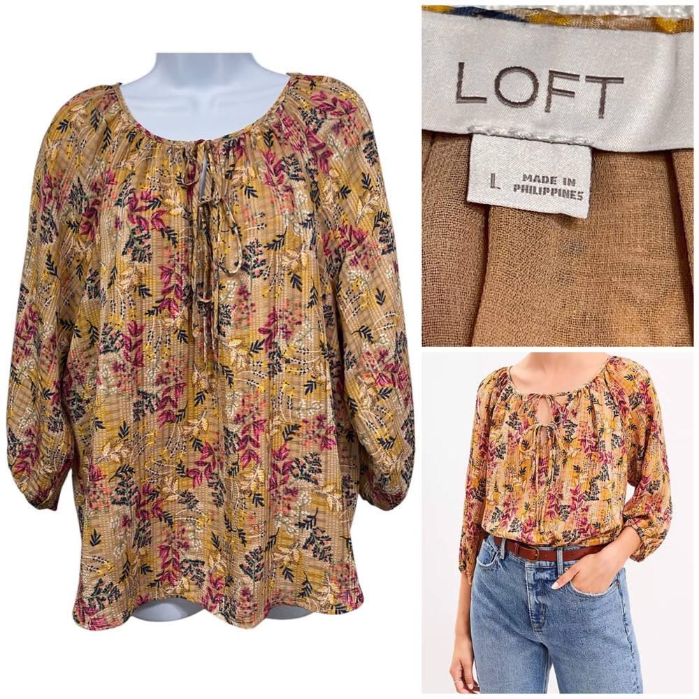 Loft Women Caramel Brown Multicolor Round Tie Neck Floral 3/4 Sleeve Blouse Sz L